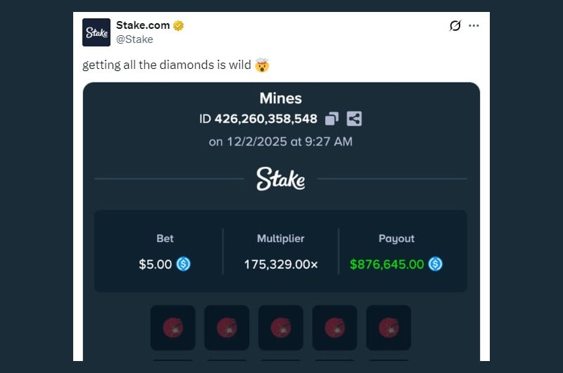 Twitter 876K Stake Mines Win